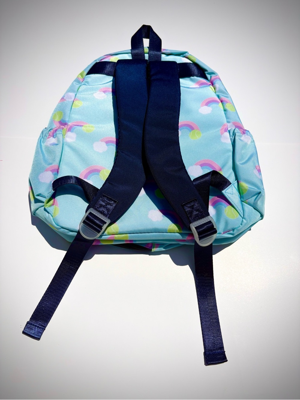 Light Blue Rainbow Cloud Kids Backpack with Navy Straps